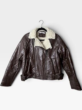 Grey Bandit City Street Sherpa Faux Leather Jacket Women's Size XS Brown Winter